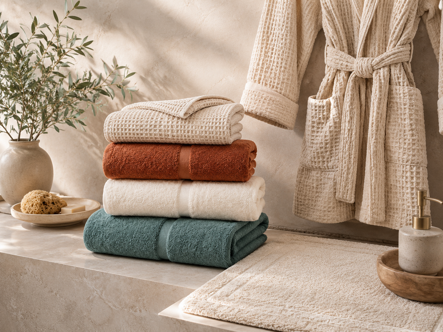 Stacked Kerbic bath towels and robe